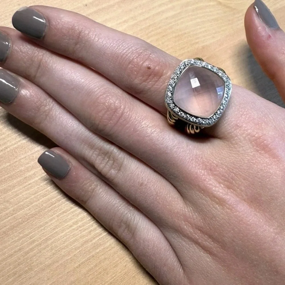 David Yurman Albion  18k Gold Ring Rose Quartz Center Diamond Halo - Size 8.25 - Picture 4 of 7